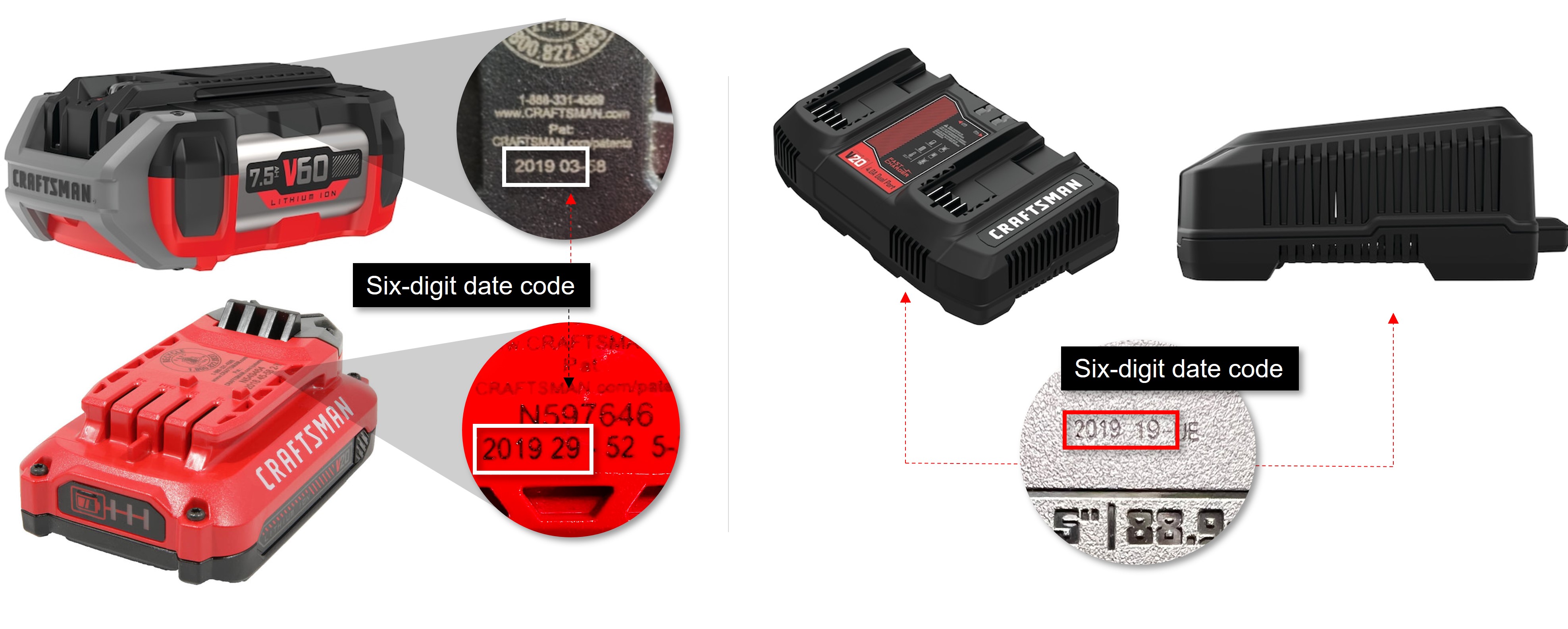 How can I locate the date code on Craftsman batteries and chargers